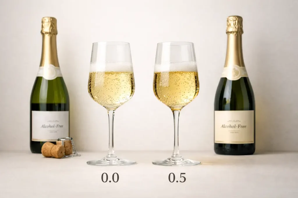 Twee flessen in beeld, namelijk 0.0 vs 0.5 procent. Met twee glazen in beeld